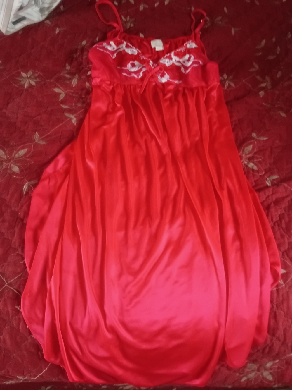 Red Satin Lace Nightgown - Women Intimates Vtg